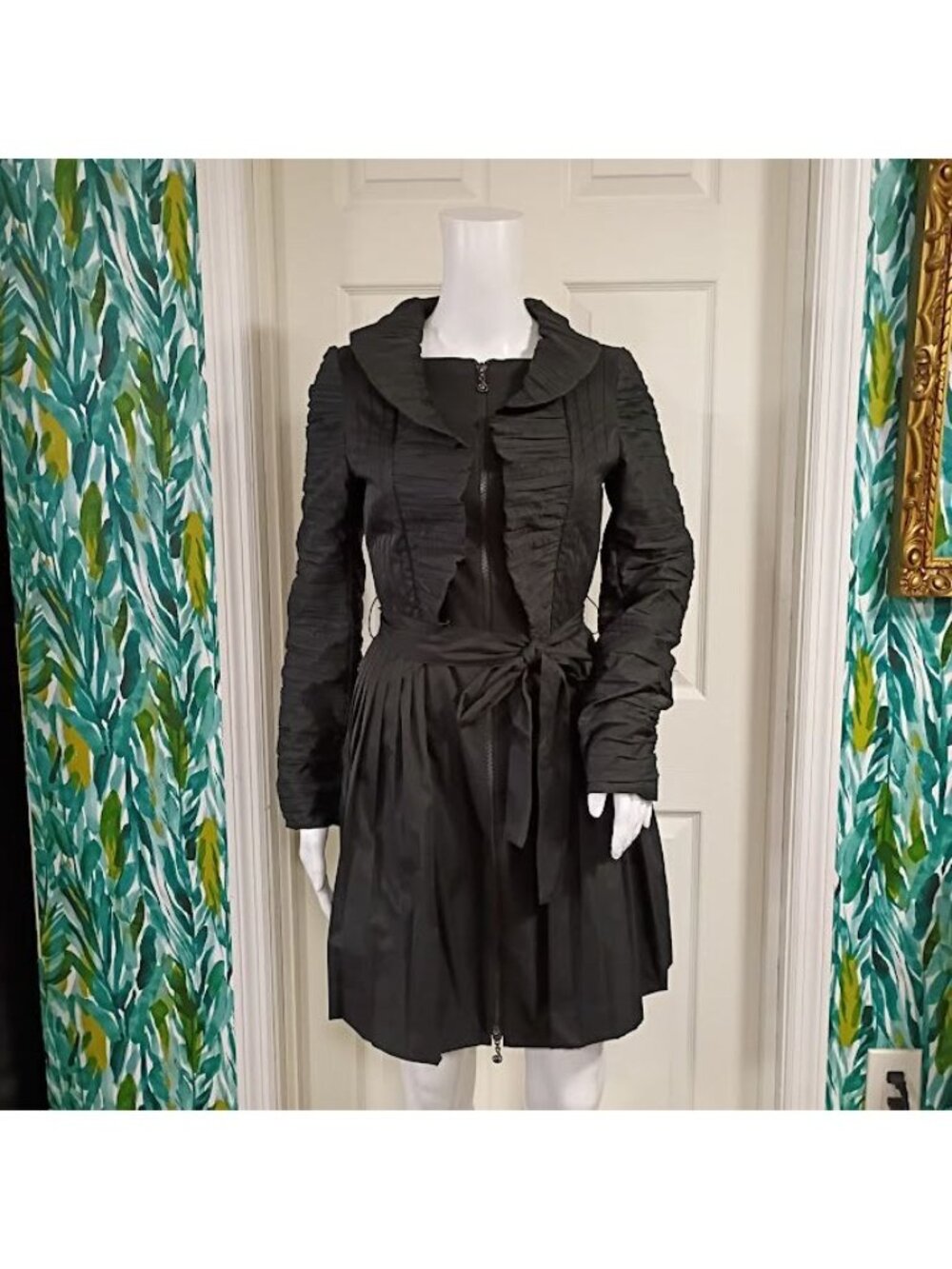 Samuel Dong Black Ruffle Front Long Coat Dress S  Pleated Skirt By Samuel Dong - Picture 13 of 16